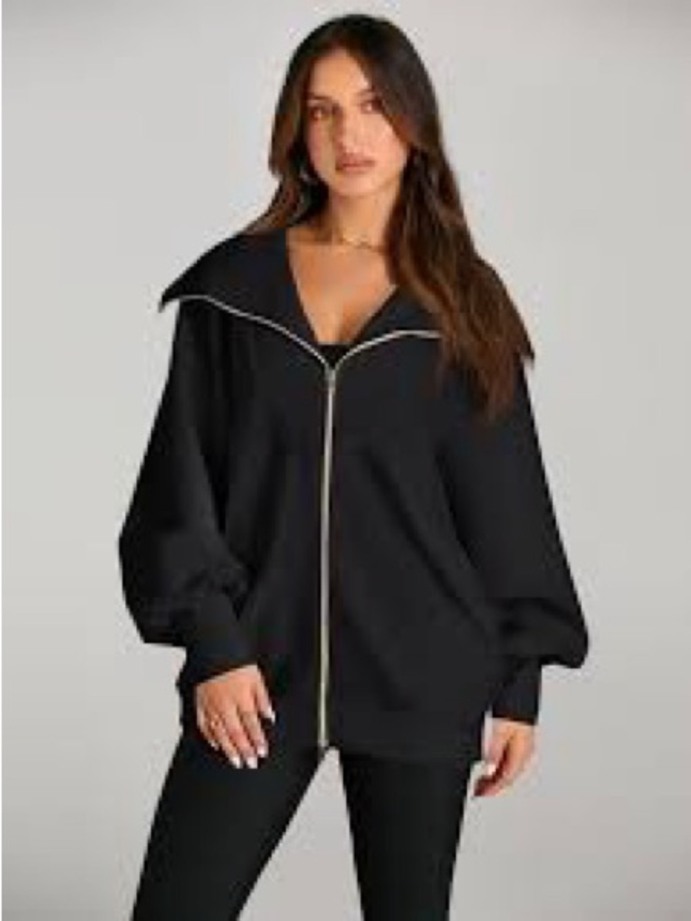 EFAN Women’s Black Zip-Front Wide Collar Oversized Sweatshirt Jacket Gold Zipper